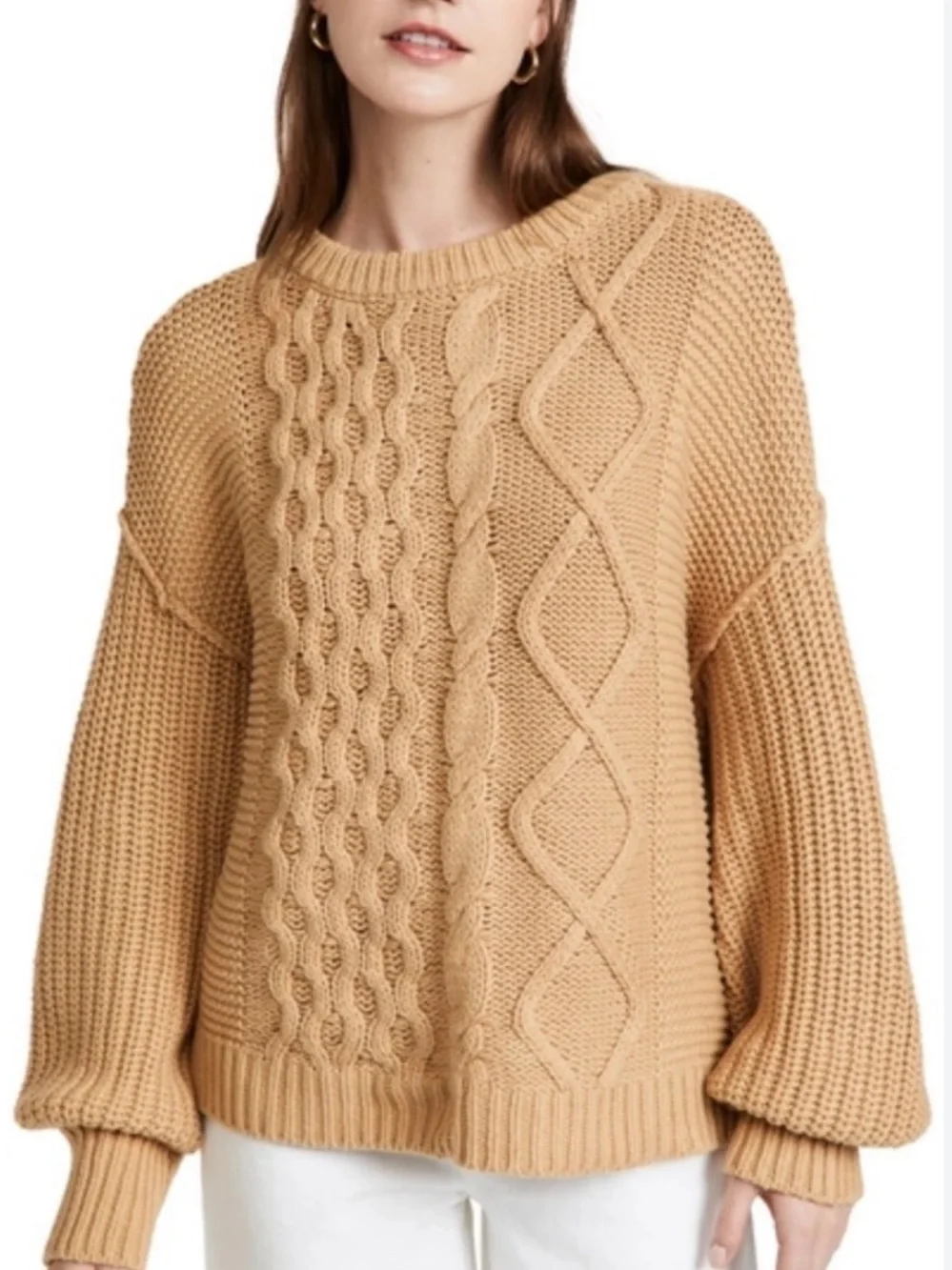Free People Dream Cable Knit Oversized Sweater Camel XS